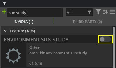 Cesium for Omniverse Dynamic Skies and Sun Study tutorial: Find the Environment Sun Study extension under Feature and enable it.